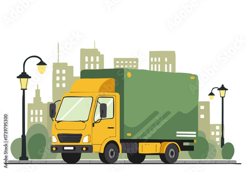 A yellow delivery truck drives through a green zone in a stylized city landscape.  ?Zero MIISSSS Zone? branding highlights a modern, eco-friendly concept.  Bright, clean illustration.