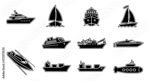 Diverse Vector Set of Boats Yacht, Sailboat, Cruise, and More in Black and White