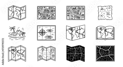 Collection of Decorative Outline Map Icons for Travel and Exploration