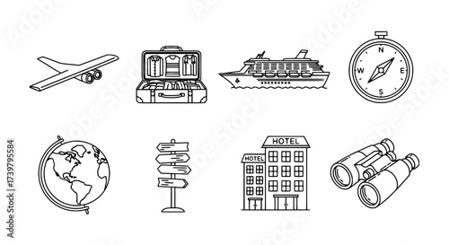 Travel and Vacation Icons Airplane, Suitcase, Cruise Ship, Compass and Globe