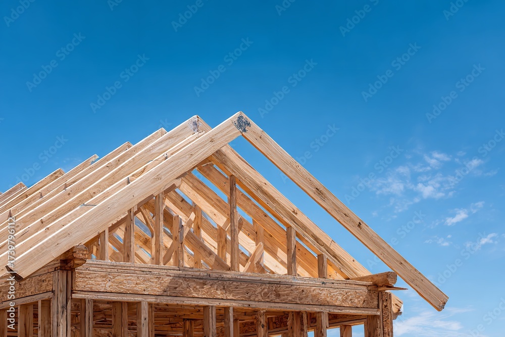 Obraz premium The raw potential of a new home, the exposed wooden frame against a clear blue sky signifies the start of dreams and future memories being built