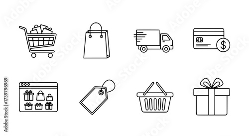 Shopping cart, delivery truck, and other shopping related icons