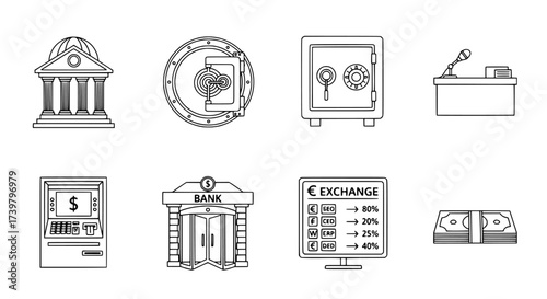 Banking and Finance Icons Courthouse, Vault, Safe, and ATM