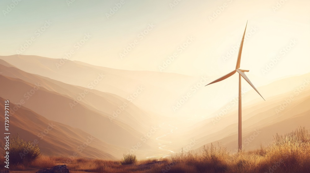 Obraz premium Serene landscape with rolling hills, dry grasses, winding river, modern wind turbine, softly lit mountains, warm hues,