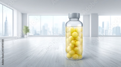 Transparent plastic bottle with round yellow capsules inside