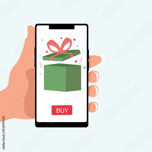 Hand holds the smartphone with birthday gift box on the screen. Concept using online shopping app. vector illustration