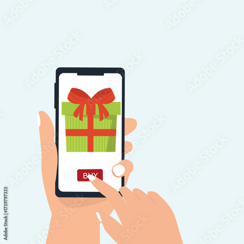 Hand holds the smartphone with birthday gift box on the screen. Concept using online shopping app. vector illustration