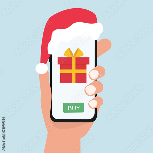 Hand holds the smartphone with birthday gift box on the screen. Concept using online shopping app. vector illustration