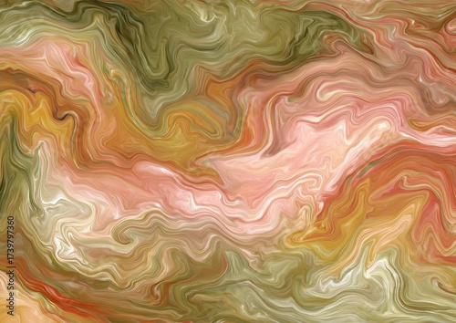 Abstract fluid art with swirling, layered colors in shades of green, orange, and pink
