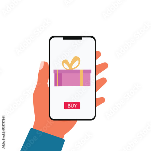 Hand holds the smartphone with birthday gift box on the screen. Concept using online shopping app. vector illustration