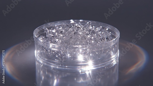 Transparent plastic container filled with numerous clear crystals