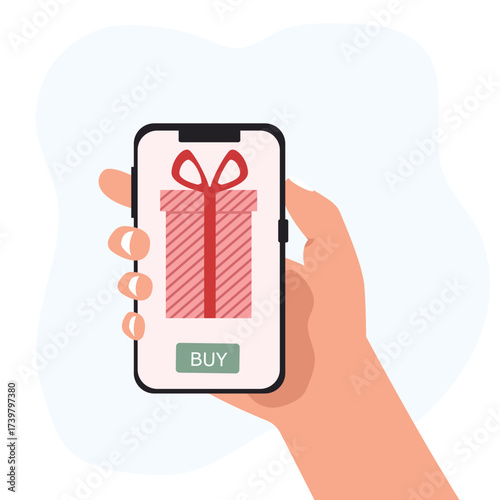 Hand holds the smartphone with birthday gift box on the screen. Concept using online shopping app. vector illustration