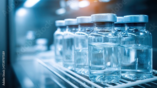 Transparent Vaccine Vials Arranged on a Laboratory Shelf