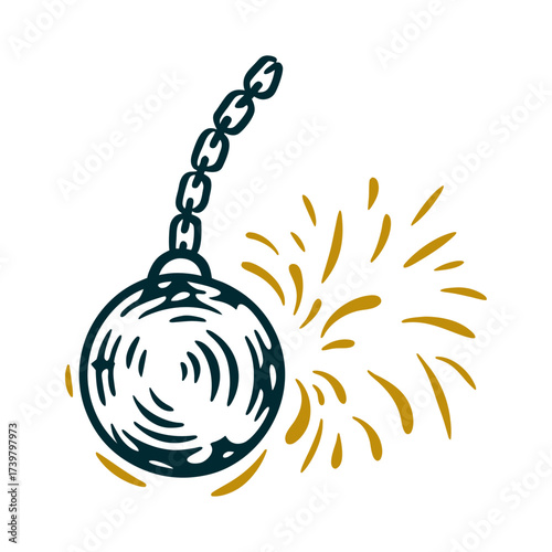 Wrecking Ball Illustration with Sparks Hogmanay Scotland Swirling fireball on a chain dynamic circular motion crimson on midnight blue
