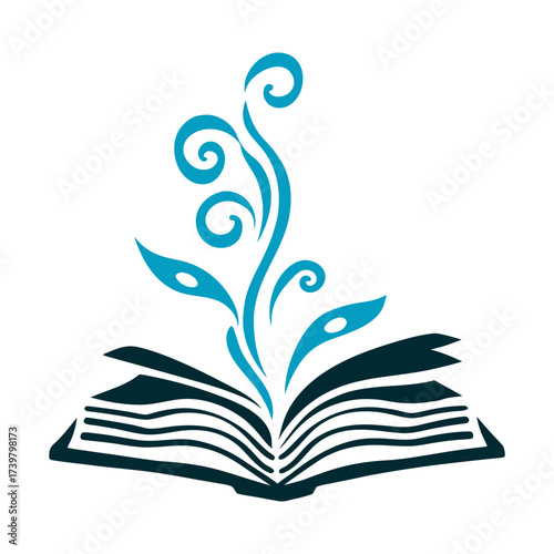 Open Book with Abstract Flourish Design Hay Festival Open book with abstract pages fluttering indigo on parchment white