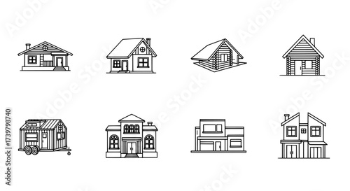 Collection of Stylized House Line Art Illustrations and Real Estate Concepts
