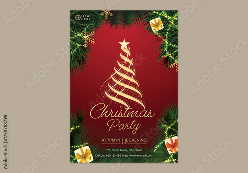 Christmas Party Flyer Template Editable Design with Festival Elements in Red and Golden Color Design.