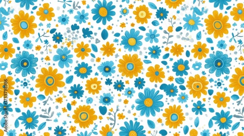 Colorful Floral Pattern with Blue and Yellow Flowers on White Background