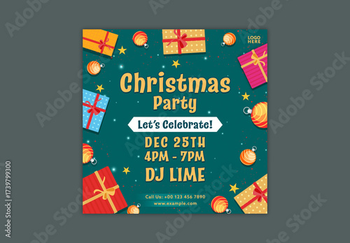 Christmas Party Social Media Editable Post with Festive Elements and Event Details in Teal Blue Color.