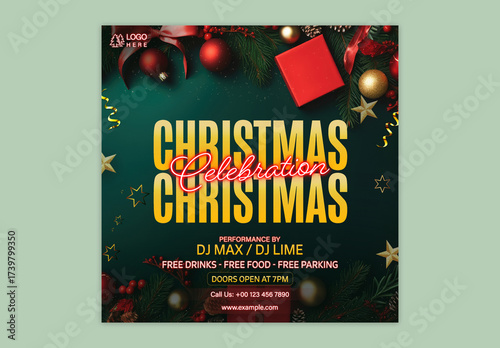 Christmas Celebration Social Media Post Template with Festival Elements in Green Color, Editable Design.