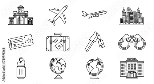 Travel Icons Adventure Awaits with These Transportation, Accommodation, and Exploration Graphics