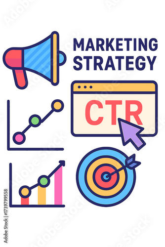 Marketing strategy concept with graphs, megaphone, and target marketing strategy icons CTR