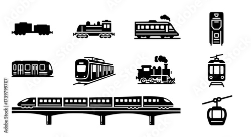 Various Transportation Icons Trains, Subways, and Cable Cars