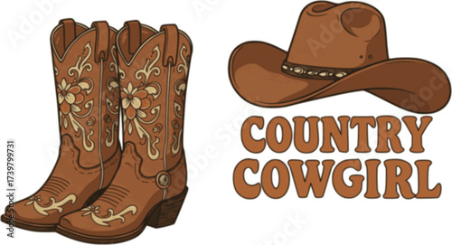 Country Girl power printable illustration isolated on white. Vector retro Cowgirl boots and cowboy hat with floral decoration with Country cowgirl Lettering. 
