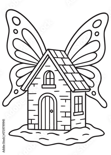 coloring book fantasy butterfly house with magical wings and dreamlike style