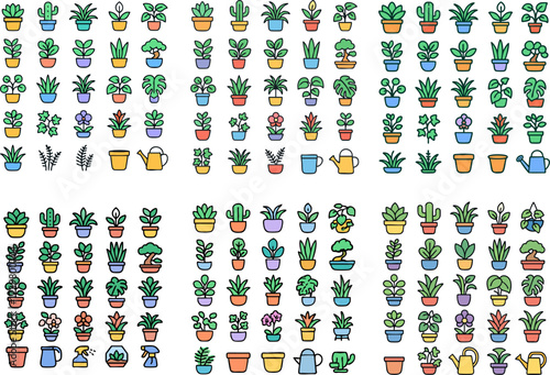 Collection of Potted Houseplants and Gardening Tools Icons 5.