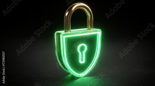 Glowing Green Padlock with Shield Shape Representing Security and Protection in a Dark Environment