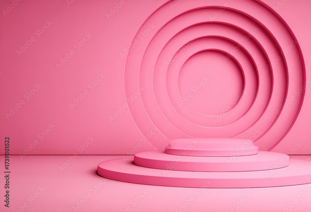 Obraz premium Minimalist, pink backdrop with a circular stage, concentric rings, and a podium, showcasing space