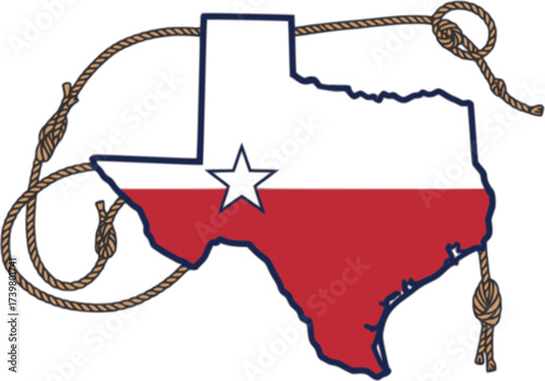 Vector Texas map red blue symbol illustration isolated on white background for printing or design. Vector Texas rope design and American cowboy lasso.
