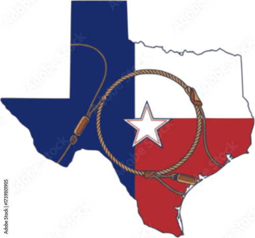 Vector Texas map red blue symbol illustration isolated on white background for printing or design. Vector Texas rope design and American cowboy lasso.
