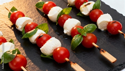 Caprese skewers lined on a slate board—cherry tomatoes, fresh mozzarella, and basil leaves stacked on picks, a bright, simple Italian appetizer.
