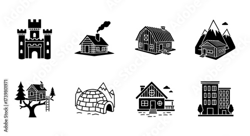 Variety of Architectural Structures Castle, Log Cabin, Igloo, and Modern Buildings