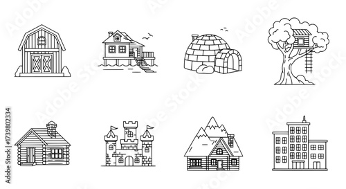 Variety of Unique Houses in Black and White Outline