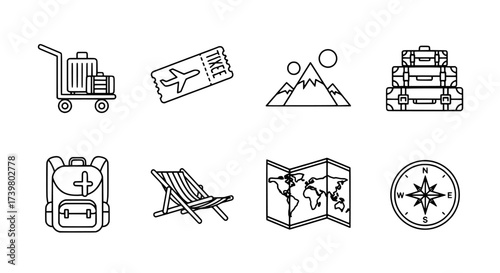 Line Art Travel Icons Luggage, Ticket, Mountains, Backpack, Compass, Map