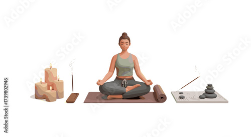 Vector art of woman meditating in lotus pose on yoga mat with candles and incense