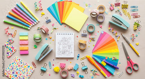 Overhead shot showcasing a variety of colorful stationery items, including pens, paper, washi tape, and staplers, arranged on a light wooden surface, perfect for creative projects and office supplies,