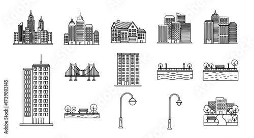 Cityscape Line Art Buildings, Bridges, and Parks Vector Graphics