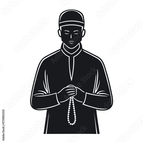 Black colour Muslim man with tasbih (prayer beads) silhouette vector illustration, solid white background (6).eps
