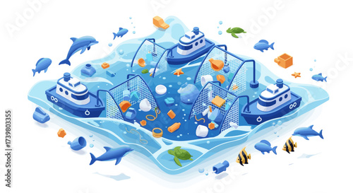 Vector art of fishing boats collecting plastic waste from the ocean, harming marine life