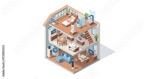 Vector art of isometric view of a smart home interior with connected devices and appliances