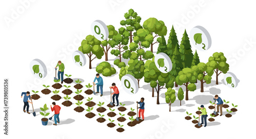 Vector art of people planting trees and seedlings to promote reforestation and oxygen production