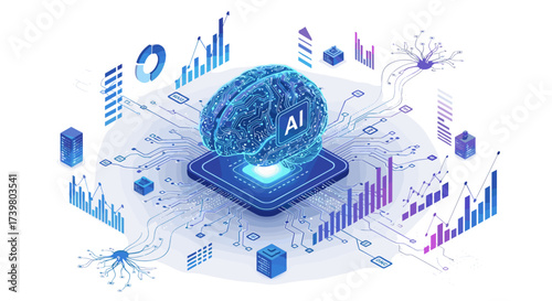 Vector art of artificial intelligence brain with digital network and data analytics