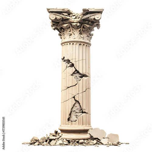 Damaged Classical Column with Debris Isolated on White Background
