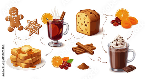 Vector art of christmas treats and drinks, including gingerbread, mulled wine, hot chocolate, and panettone
