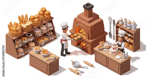 Vector art of isometric view of a bakery with bakers, oven, cakes, and bread