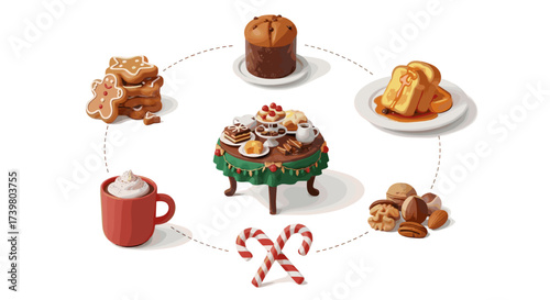 Vector art of a festive arrangement of christmas treats and sweets